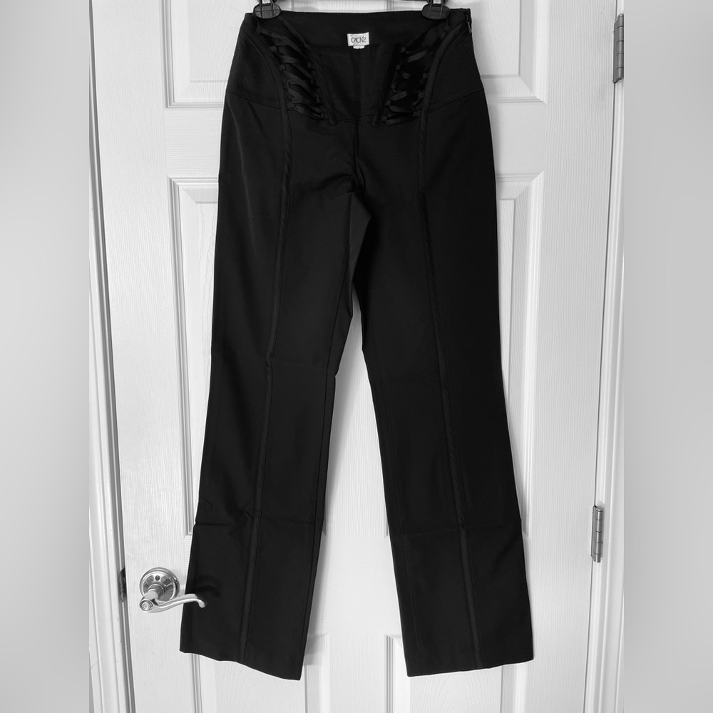 Caché Vintage Y2K Black Flare Trousers with Corset Lace-Up Hip Detail